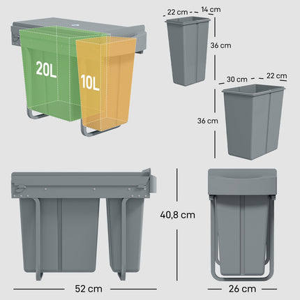 Poubelle de cuisine extractible, 2 seaux amovibles, 30 L, métal