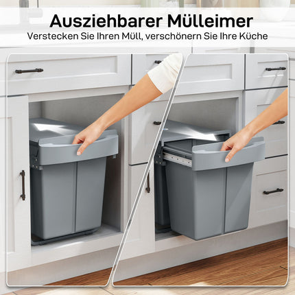 Poubelle coulissante, 2 x 20 L, bacs amovibles, gris