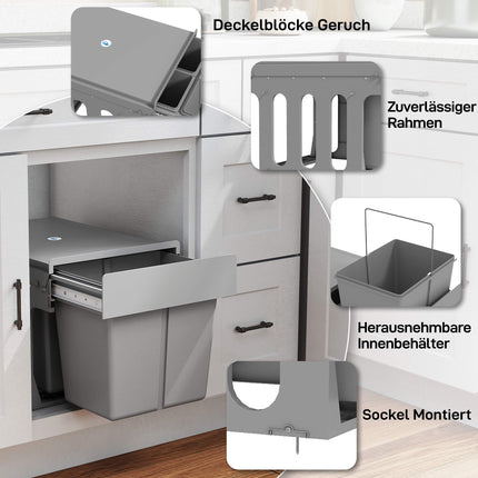 Ausziehbarer Abfalleimer, 3 Fächer, 15 l + 2 x 8 l, mit Soft-Close-Funktion