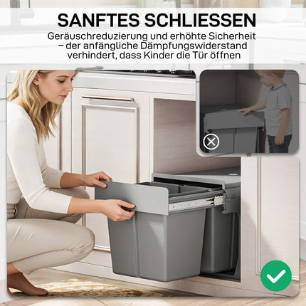 Ausziehbarer Abfalleimer, 3 Fächer, 15 l + 2 x 8 l, mit Soft-Close-Funktion