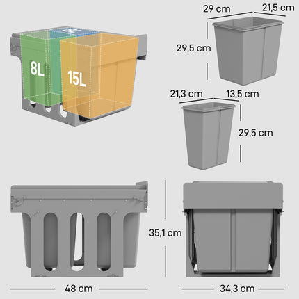 Ausziehbarer Abfalleimer, 3 Fächer, 15 l + 2 x 8 l, mit Soft-Close-Funktion