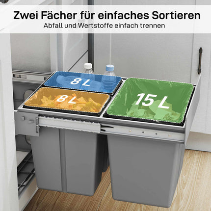 Ausziehbarer Abfalleimer, 3 Fächer, 15 l + 2 x 8 l, mit Soft-Close-Funktion
