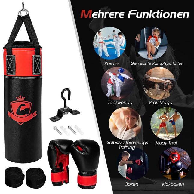 Ensemble de sac de boxe avec gants de boxe 8oz, sangles à main, sac de boxe pour enfants et adultes, noir + rouge