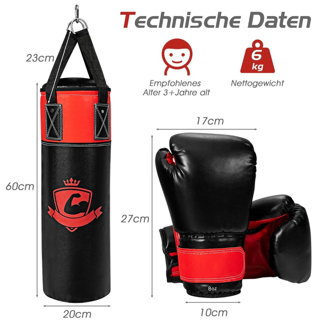 Ensemble de sac de boxe avec gants de boxe 8oz, sangles à main, sac de boxe pour enfants et adultes, noir + rouge