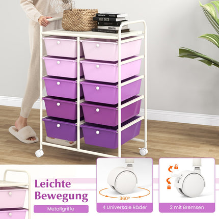 Lila Rollwagen mit 10 stapelbaren Schubladen, Metallrahmen