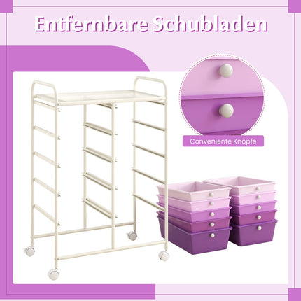 Lila Rollwagen mit 10 stapelbaren Schubladen, Metallrahmen