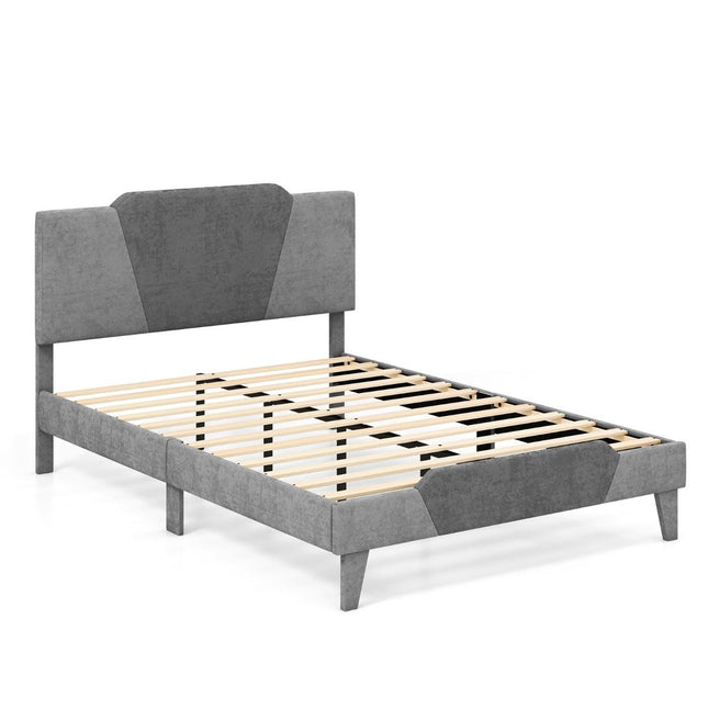 Cadre de lit plateforme Queen, tête de lit capitonnée en velours, 140 x 200 cm, gris