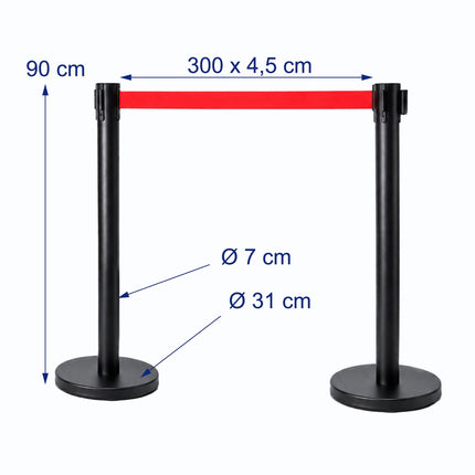 Queue Barrier Posts Set of 2 with 3 m Retractable Belt, Black, Red