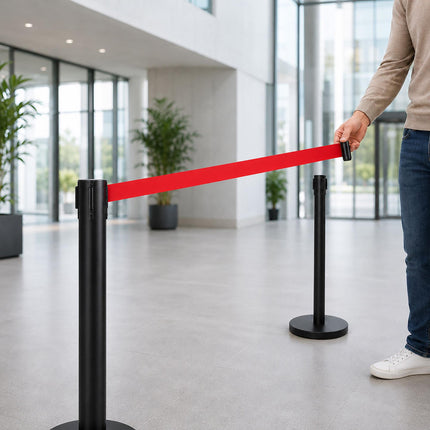 Queue Barrier Posts Set of 4 with 3 m Retractable Belt, Black, Red
