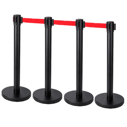 Queue Barrier Posts Set of 4 with 3 m Retractable Belt, Black, Red