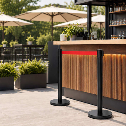 Queue Barrier Posts Set of 4 with 3 m Retractable Belt, Black, Red