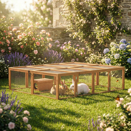Clapier à lapins avec grand enclos, conception modulaire, en bois