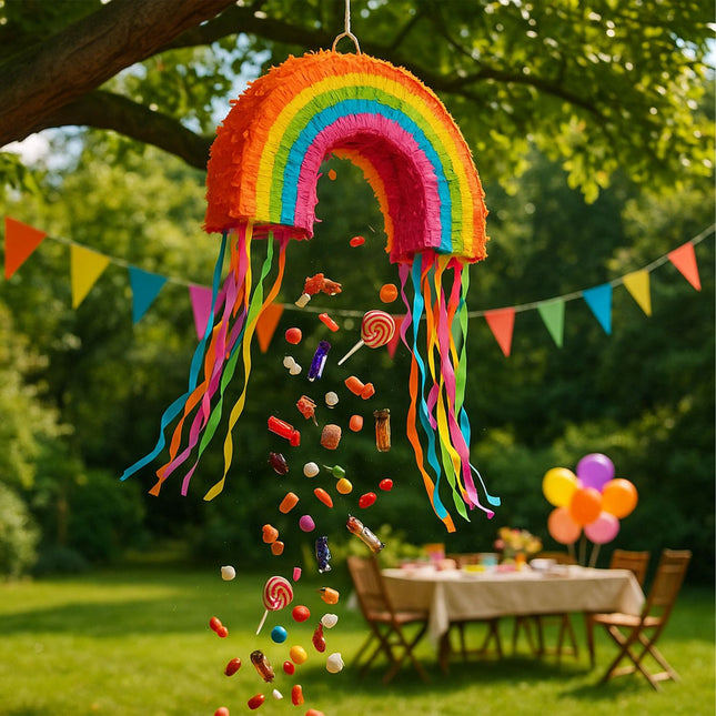 Piñata arc-en-ciel avec chauve-souris et masque pour les fêtes