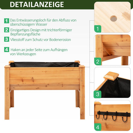Jardinière Surélevée Pour Plantes Aromatiques En Bois Avec Trou De Drainage Et Crochets, Jardinière Sur Pieds, 124 X 60 X 81 Cm, Naturel