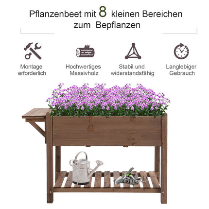 Pflanzkasten für Hochbeet, 8 Fächer und Ablage, Massivholz 123x54x74cm