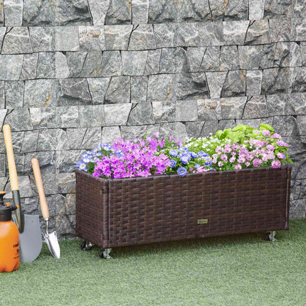 Parterre Surélevé En Polyrotin Avec Roulettes, Bac À Plantes Avec Trous De Drainage, Bac À Fleurs, Pot De Fleurs, Marron Café, 94,5 X 31 X 36 Cm