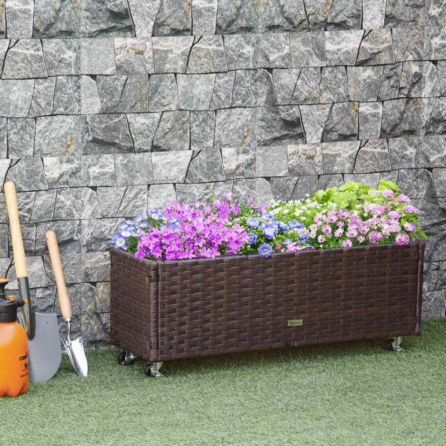 Parterre Surélevé En Polyrotin Avec Roulettes, Bac À Plantes Avec Trous De Drainage, Bac À Fleurs, Pot De Fleurs, Marron Café, 94,5 X 31 X 36 Cm