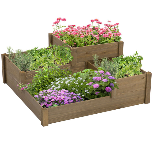 Potager Surélevé Avec 3 Marches, Bac À Plantes Pour Herbes Aromatiques Sur Terrasse Et Balcon, Bois De Sapin, Marron, 122 X 122 X 51 Cm