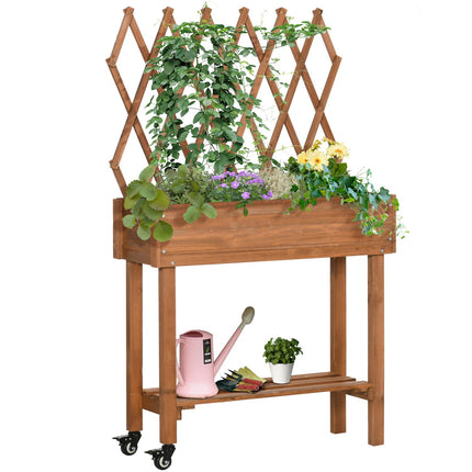 Lit Surélevé Avec Bac À Fleurs En Treillis Sur Roulettes Et Étagère, Bois Massif, Pour Terrasse, Marron, 79 X 29 X 130 Cm