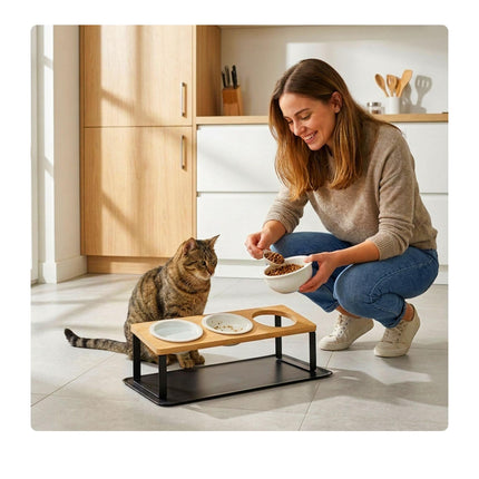 Ensemble de gamelles surélevées pour chat - Support en bambou, gamelles en céramique, tapis
