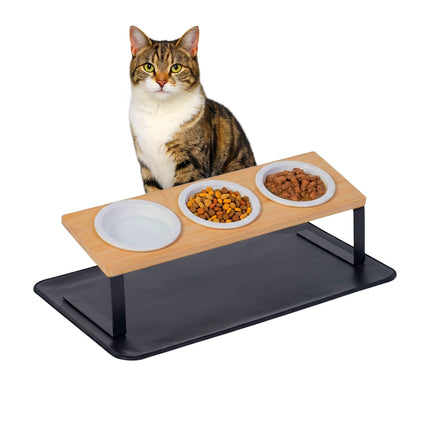 Ensemble de gamelles surélevées pour chat - Support en bambou, gamelles en céramique, tapis