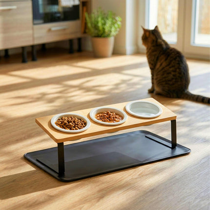 Ensemble de gamelles surélevées pour chat - Support en bambou, gamelles en céramique, tapis