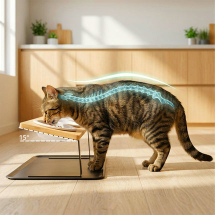 Ensemble de gamelles surélevées pour chat - Support en bambou, gamelles en céramique, tapis