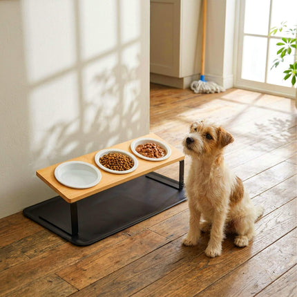 Ensemble de gamelles surélevées pour chat - Support en bambou, gamelles en céramique, tapis