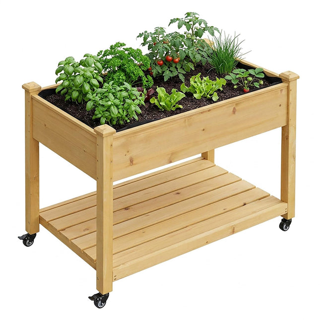 Potager surélevé sur roues avec étagère et freins de blocage