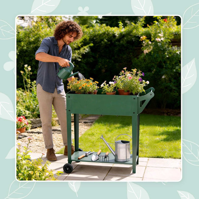 Jardinière surélevée à roulettes avec étagère de rangement