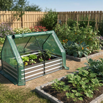 Potager surélevé avec bâche de serre, en métal