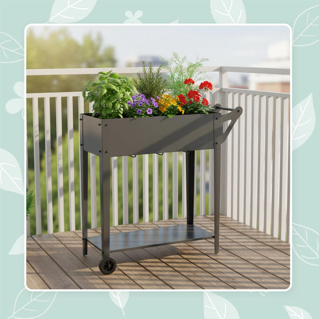 Jardinière surélevée à roulettes avec étagère de rangement
