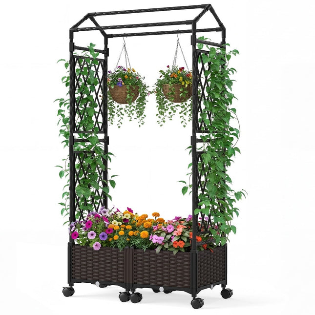 Jardinière surélevée avec treillis, à arrosage automatique, mobile, marron
