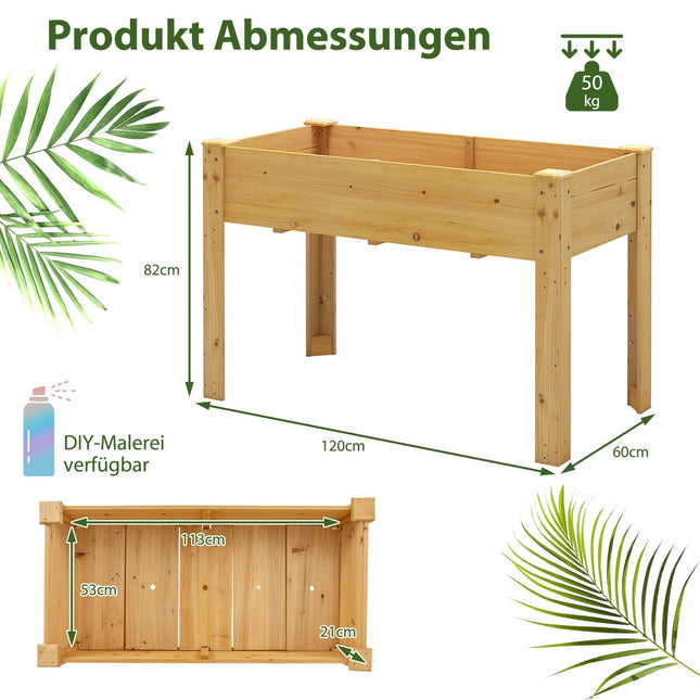 Jardinière surélevée en bois avec drainage, 120 x 60 x 82 cm