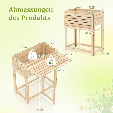 Erhöhtes Hochbeet aus Holz mit Klapptisch, Drainage, 63x67x74 cm