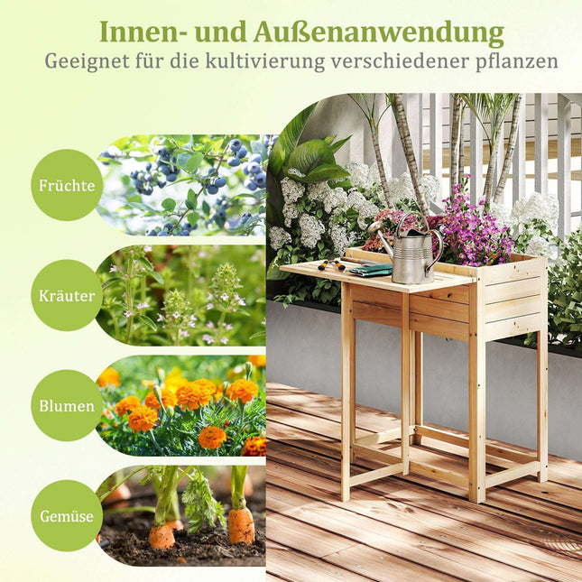 Jardinière surélevée en bois avec table pliante et drainage, 63 x 67 x 74 cm