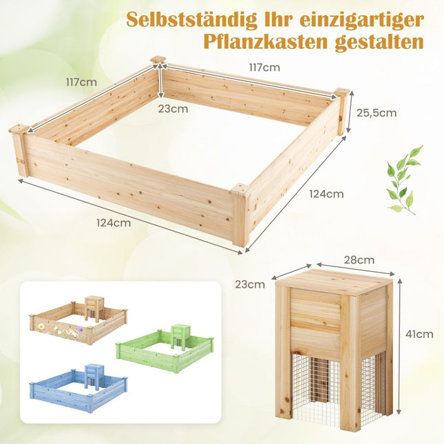 Hochbeet mit Komposter Holzbeet Gartenbeet 300 L Fassungsvermögen Pflanzenkasten 124 x 124 x 25,5 cm