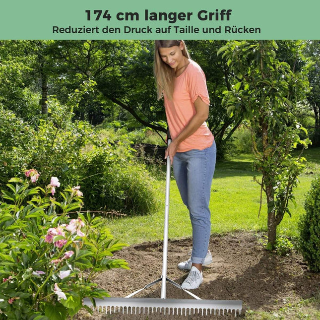 Râteau de jardin en aluminium avec tête de râteau de 91 cm de large 91 x 10 x 174 cm argent