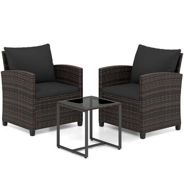 Ensemble de balcon en rotin avec 2 chaises et table en verre, marron et noir