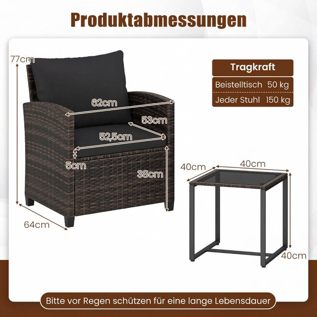 Ensemble de balcon en rotin avec 2 chaises et table en verre, marron et noir