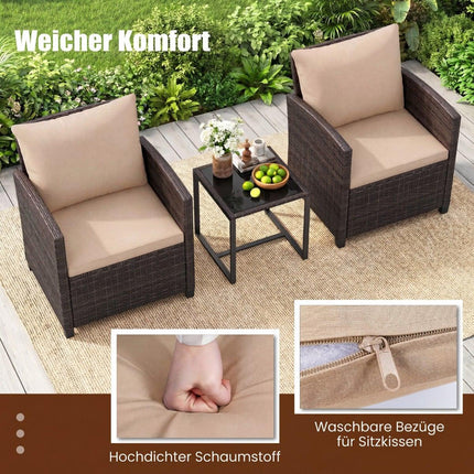 Balkonset Rattan mit 2 Stühlen & Glastisch, Braun-Khaki
