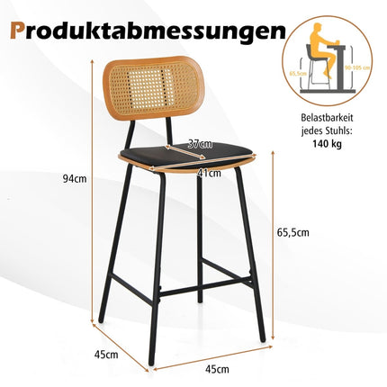 Ensemble de 2 tabourets de bar en rotin, hauteur d'assise 65,5 cm
