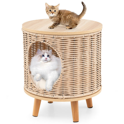 Rattan-Katzenbett mit Holzbeinen & abnehmbarem Kissen