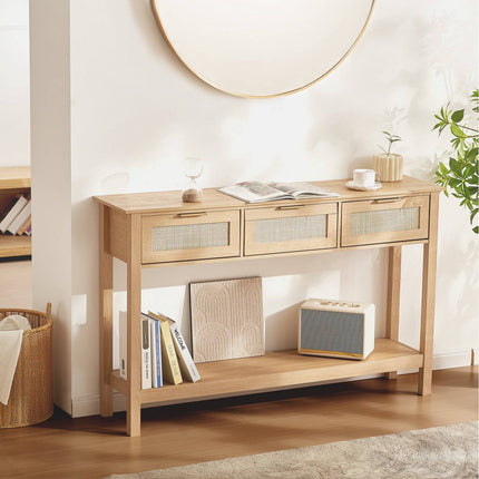 Rattan Console Table, 3 Drawers, Sliding Door, Shelf