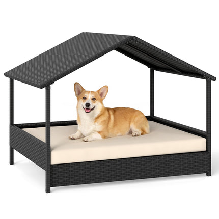 Niche pour chien en rotin avec auvent, surélevée, pour animaux jusqu'à 60 kg