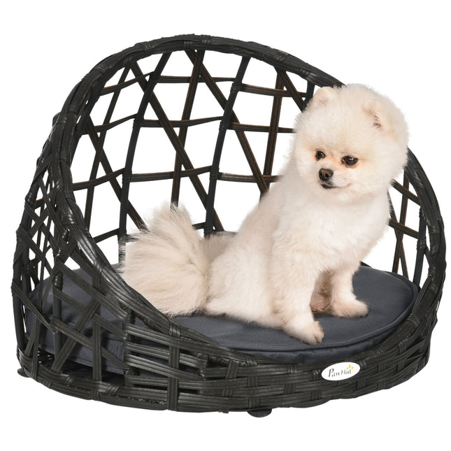 Hundehütte aus Rattan mit Kissen, für drinnen und draußen, Schwarz/Grau