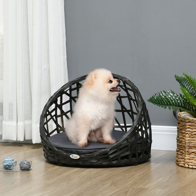 Hundehütte aus Rattan mit Kissen, für drinnen und draußen, Schwarz/Grau