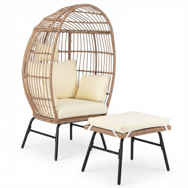 Fauteuil œuf en rotin avec repose-pieds et coussins pour intérieur/extérieur