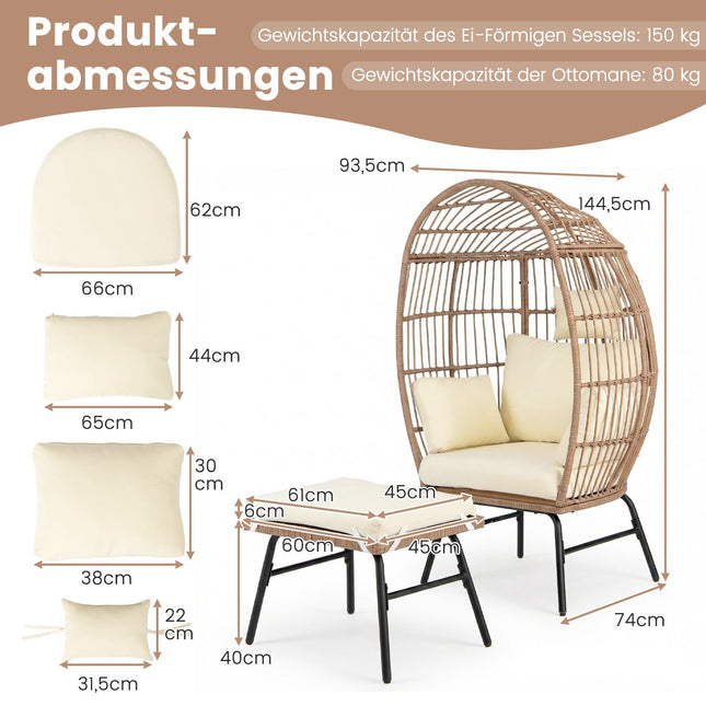 Fauteuil œuf en rotin avec repose-pieds et coussins pour intérieur/extérieur