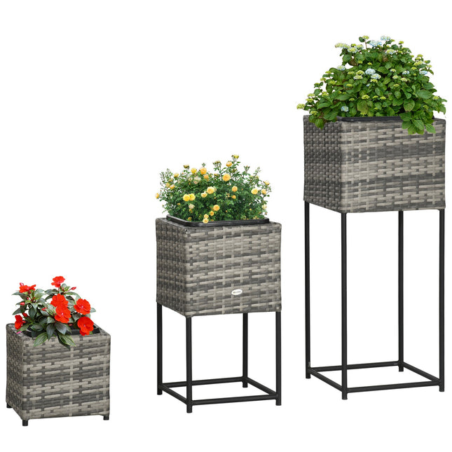 Jardinière En Rotin Avec Support Trou De Drainage Plastique Gris